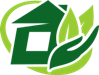 ikona domu, na dłoni zielone liście